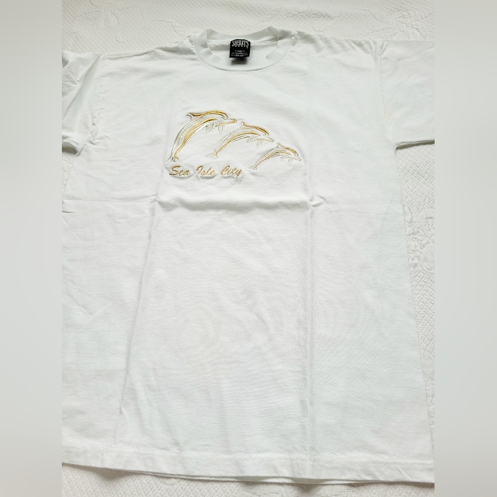 SHERRY'S Best 100% Cotton T-Shirt Embroidered White Gold/Silver Dolphins Medium